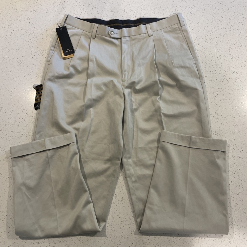Savane Select Edition Men's 38x32 Pants Khaki Straight Pleated No Iron Twill NWT